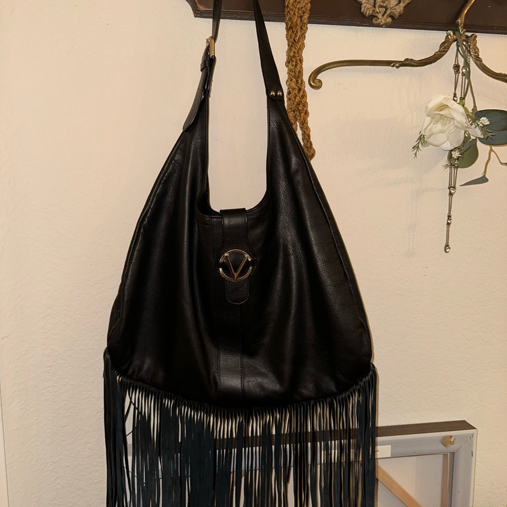 Valentino Black Leather Fringe Tote Bag